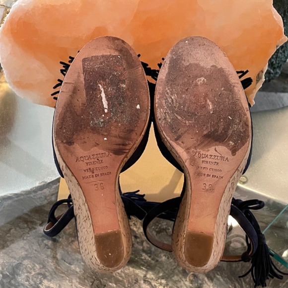 Aquazzura "Wild One" Navy Suede Tassel Wedge Espadrille - Picture 3 of 3